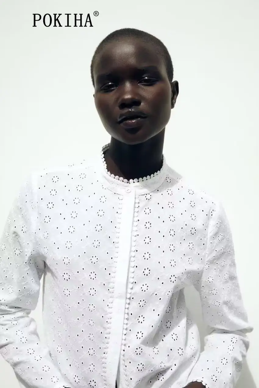 

Pokiha New Fashion Women White Cutwork Embroidery Shirt Blusas Elegant Office Lady Long Sleeve Female Blouses Chic Tops