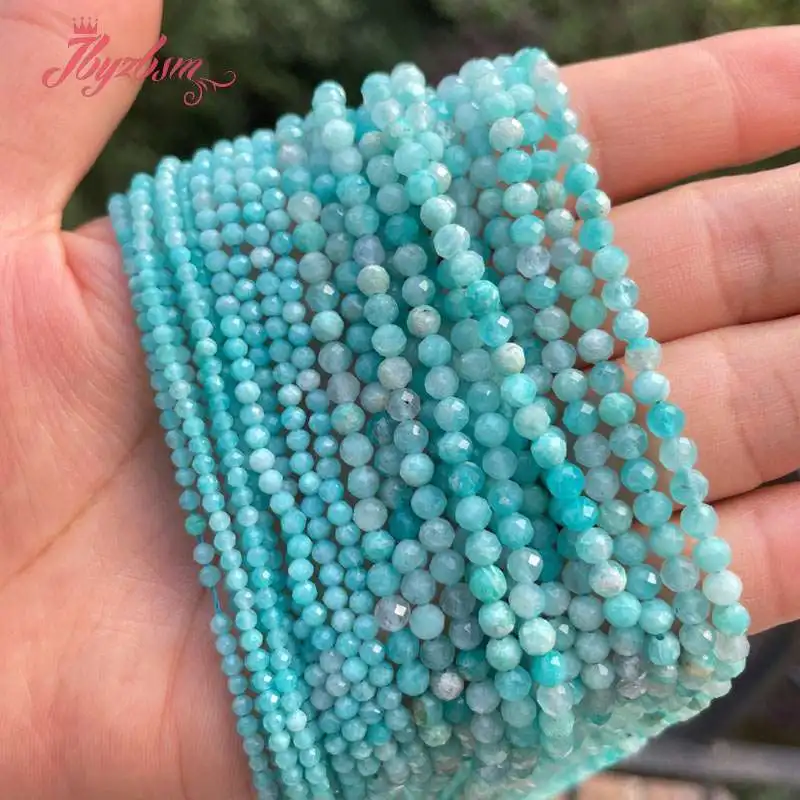 

2/3/4mm Round Faceted Amazonite Tiny Small Natural Stone Seed Spacer Beads for DIY Charm Bracelet Necklace Jewelry Making 15"