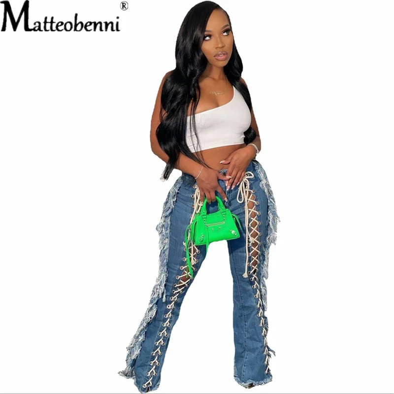 Summer 2022 Sexy Women's Cross Bandage Denim Trousers Hollow Eyelet Threading Streetwear Long Denim Trousers Women's