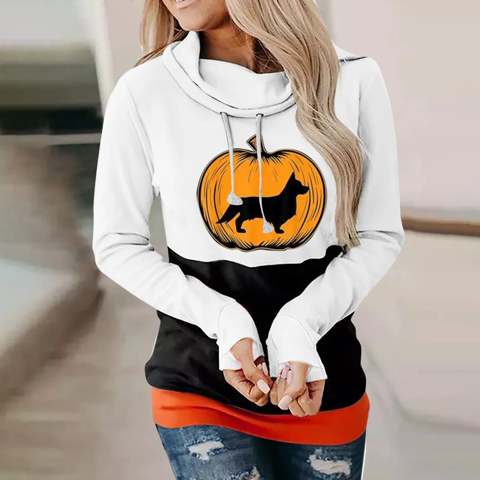Halloween Women's Long Sleeve Everyday Print Sweatshirt Long Sweatshirt Hooded Drawstring Sweatshirt Ladies Sneakers images - 6