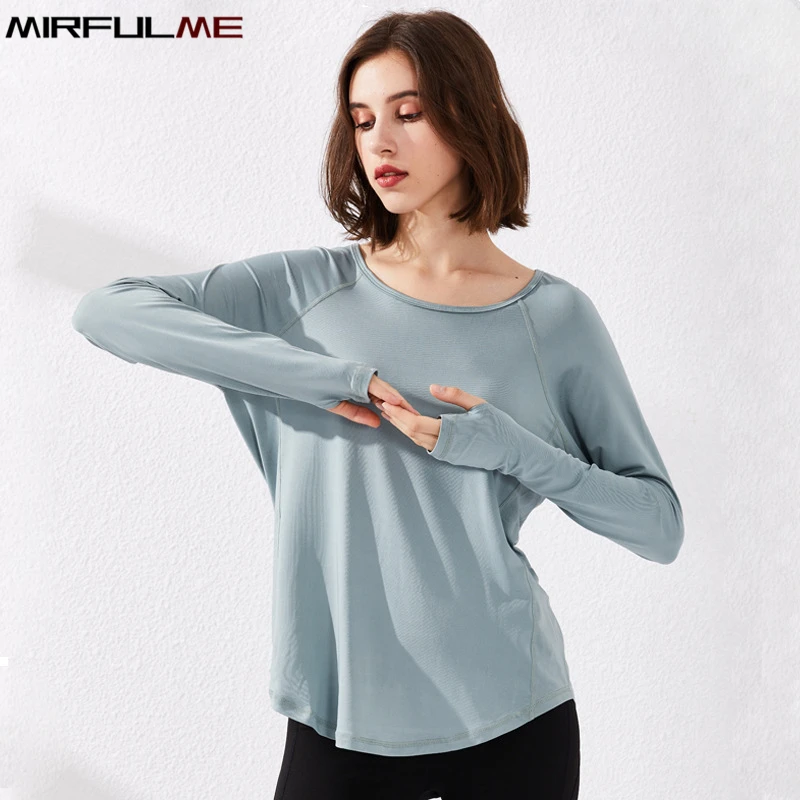 Купи Women Loose Yoga Shirts Long Sleeve Thumb Hole Running Sport T-shirt Mesh Gym Shirt Elastic Quick Dry Fitness Tops Blouse Female за 806 рублей в магазине AliExpress