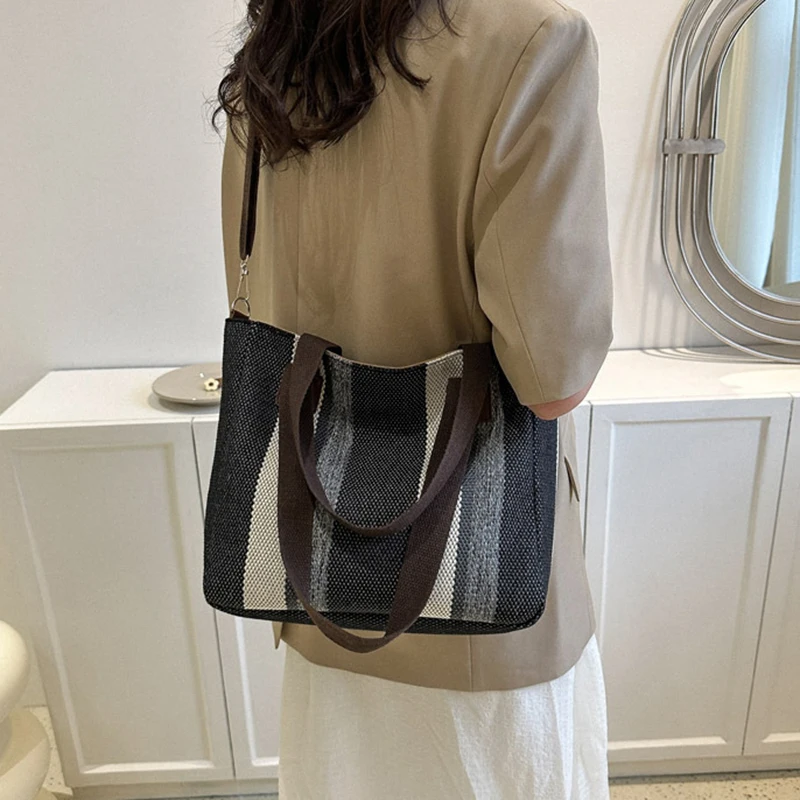 Large Capacity Casual Tote Bags For Women New Design Canvas Shoulder Crossbody Bag Fashion Stripe Handbags Lady Top Handle Bag