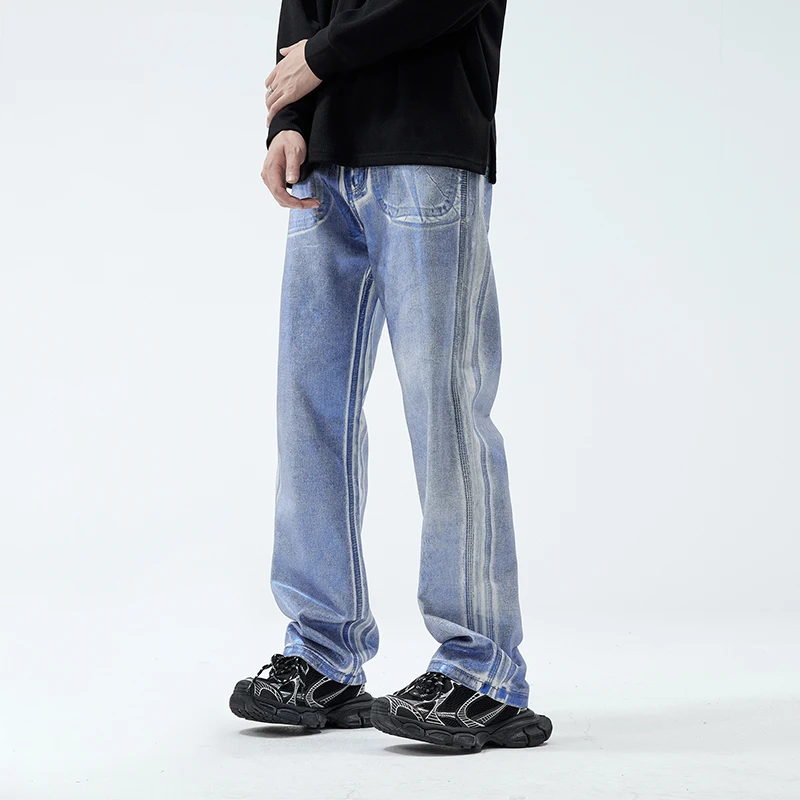 Мужские прямые джинсы в стиле хип-хоп серебристые свободные брюки из джинсовой