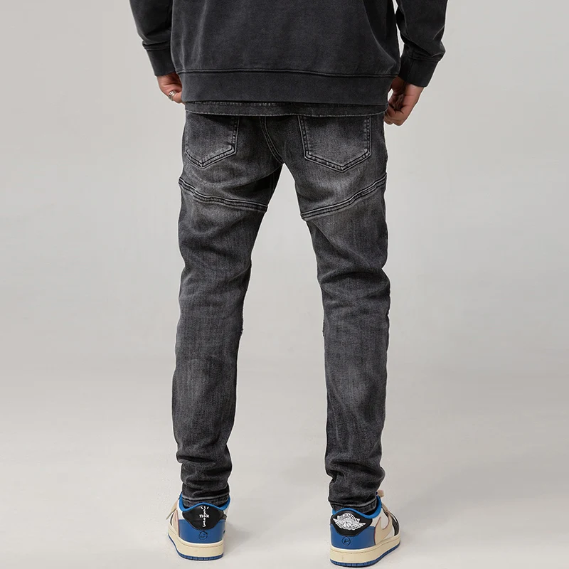 Street Fashion Men Jeans Retro Black Gray Elastic Slim Fit Spliced Biker Jeans Men Wrinkled Patch Designer Hip Hop Pants Hombre