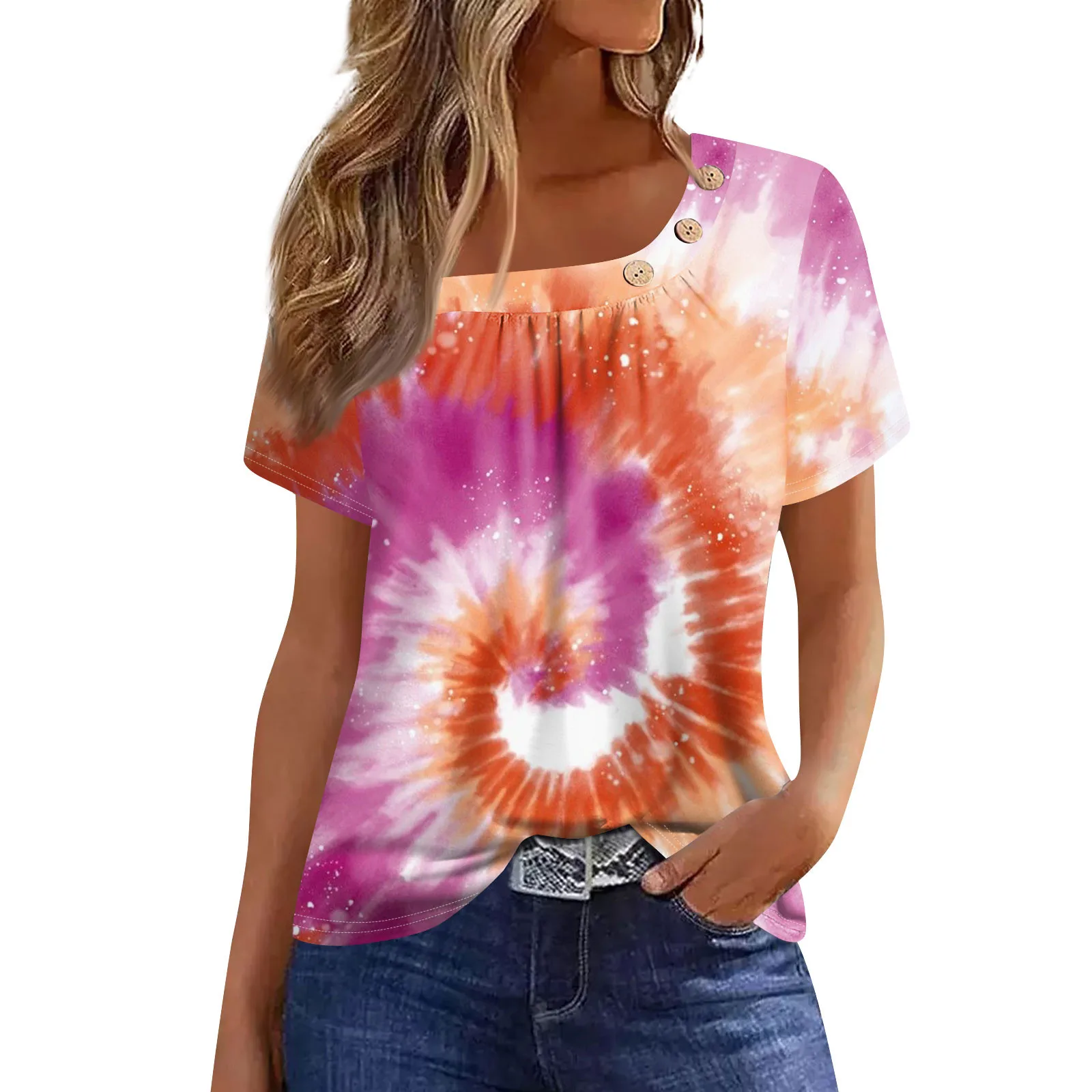 Женская футболка на пуговицах с принтом коротким рукавом