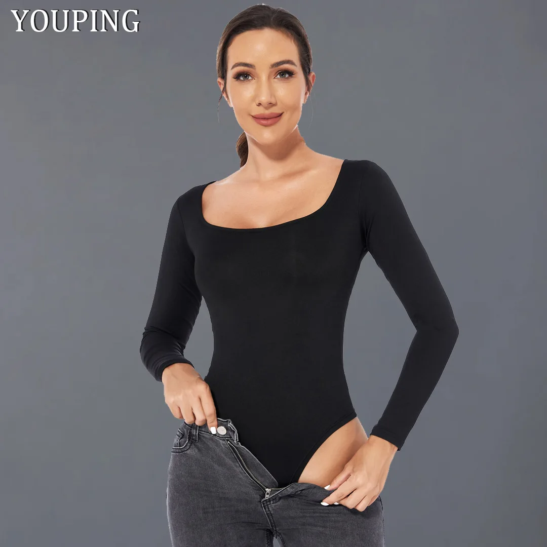 Купи Bodysuit Long Sleeve Women Body streetwear dropshipping Forefair Sexy Bodycon Square Neck Sheath Crotch Basic Black Overalls Top за 1,199 рублей в магазине AliExpress