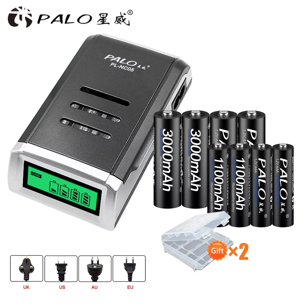

PALO 4PCS 1.2V NI-MH AA rechargeable batteries + 4PCS 1.2 V AAA rechargeable Batteries+a smart intelligent Battery Charger