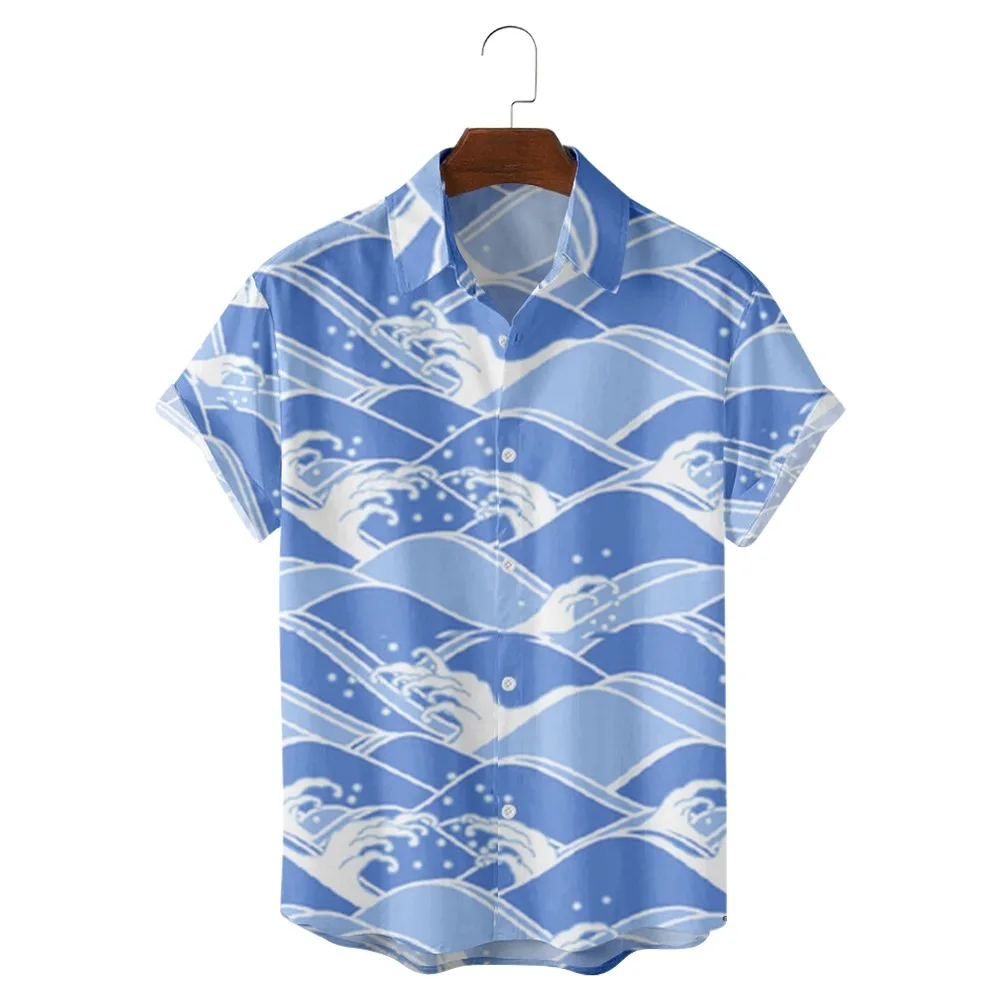

waves print 3D Digital Printing Trend Loose Short-sleeved Shirt Men's Top