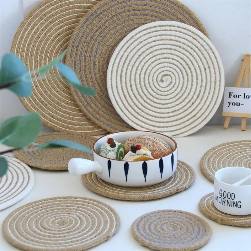

Japanese Home Table Mat Jute Cotton Rope Woven Casserole Mat Heat Insulation Retro Hand-woven Tea Mat Home Decoration Coaster