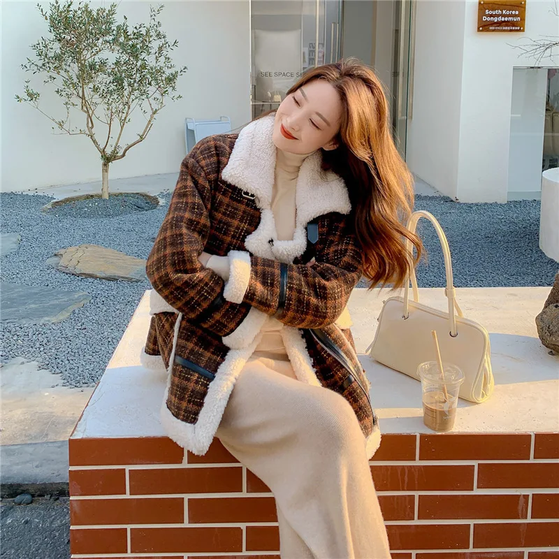 Checker wool plush warm coat imitation lamb wool thickened cotton suit