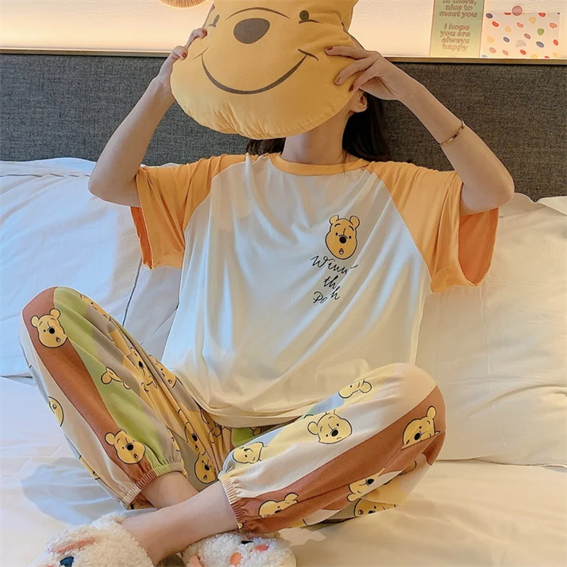 Women's Pajamas Set Summer Thin Short Sleeve Pants Two Piece Set Sleepwear Soft Loungewear Ladies Casual Winnie the Pooh Pajamas