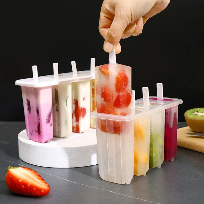 

Ice Cream Mold 4 Ice Popsicle Mold Set Ice Maker Ice Tray DIY Reusable with Sticks and Lid Creative Kitchen Tool Summer
