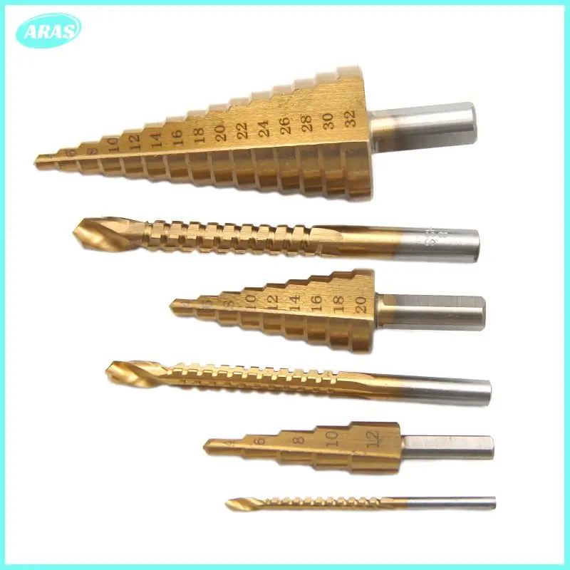 

6 шт./набор, титановые ступенчатые сверла 4-12/4-20/4-32 мм