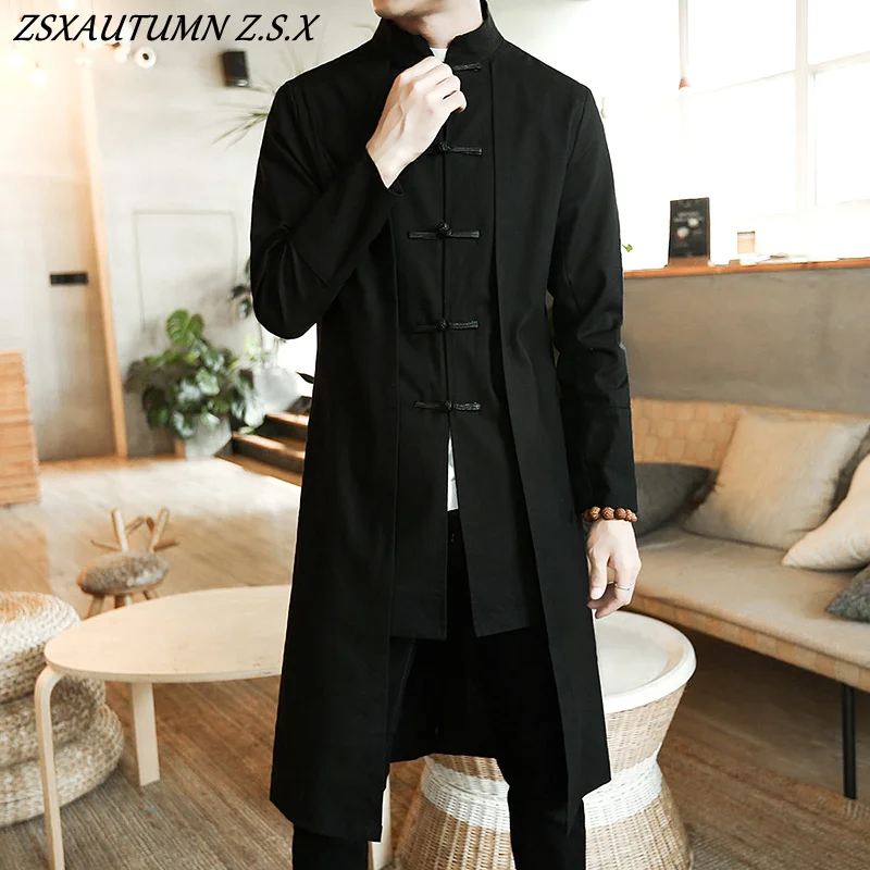 

Trench Coat Men Fake Two Pieces Kimono CardiganMale Long Chinese Style Black Loose Vintage Cotton Linen Embroidered Windbreaker