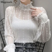 fashion stand collar lace chiffon blouse women elegant white shirts long sleeve casual apricot blouse hollow sexy tops 16807