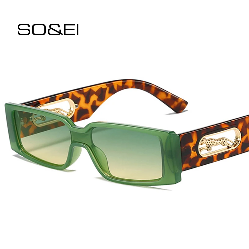 

SO&EI Fashion Rectangle Sunglasses Women Candy Colors Gradient Eyewear Shades UV400 Vintage Metal Cheetah Decoration Sun Glasses