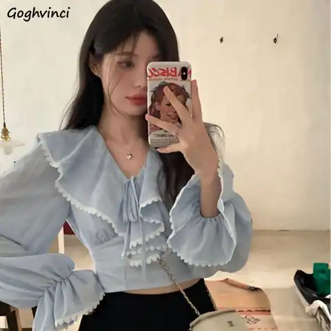 Ruffles Blouses Women Lace Slim Bandage Sweet Ladies Temperament Princess Flare Sleeve Fashion Ulzzang Simple All-match Classic