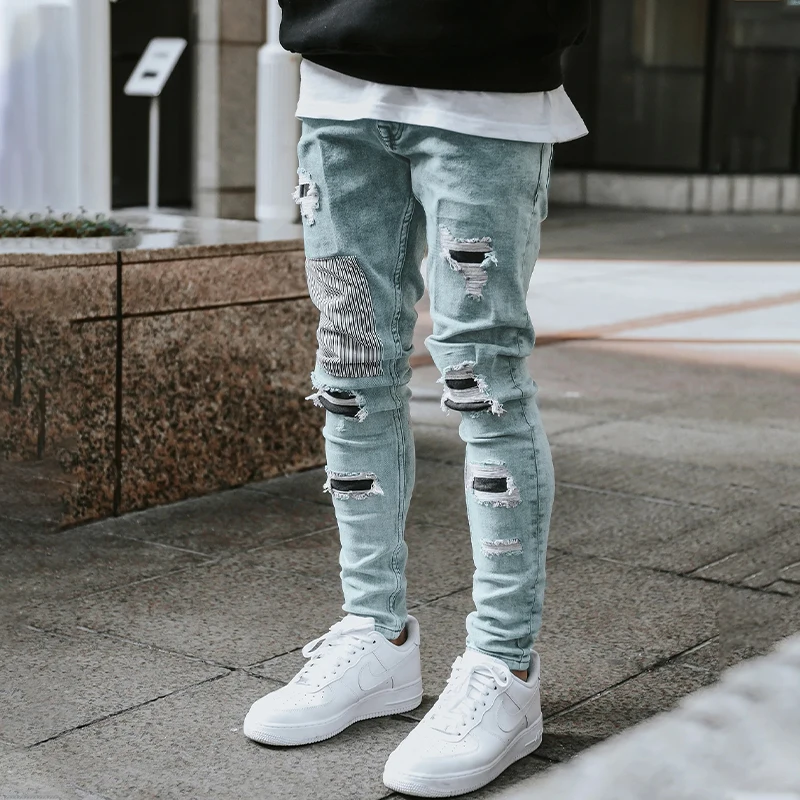 Men Ripped Skinny Jeans Autumn Winter European Burst Style Ripped Fabric Small Foot Denim Streetwear Pants Patchwork Jeans Men