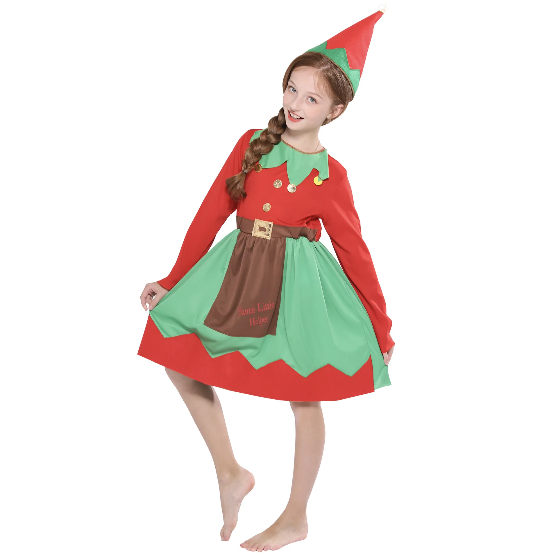

Детский Рождественский костюм эльфа, костюм Санта-Клауса для девочек, карнавальный костюм на новый год, аксессуары для косплея с шляпой