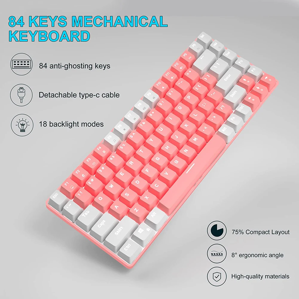 M84 75 Percent Pink White Wired Cute Kawaii USB Magic 84 Keys Mechanical Keyboard For Login Mesa PC Gamer Girl Cabinet Esports enlarge