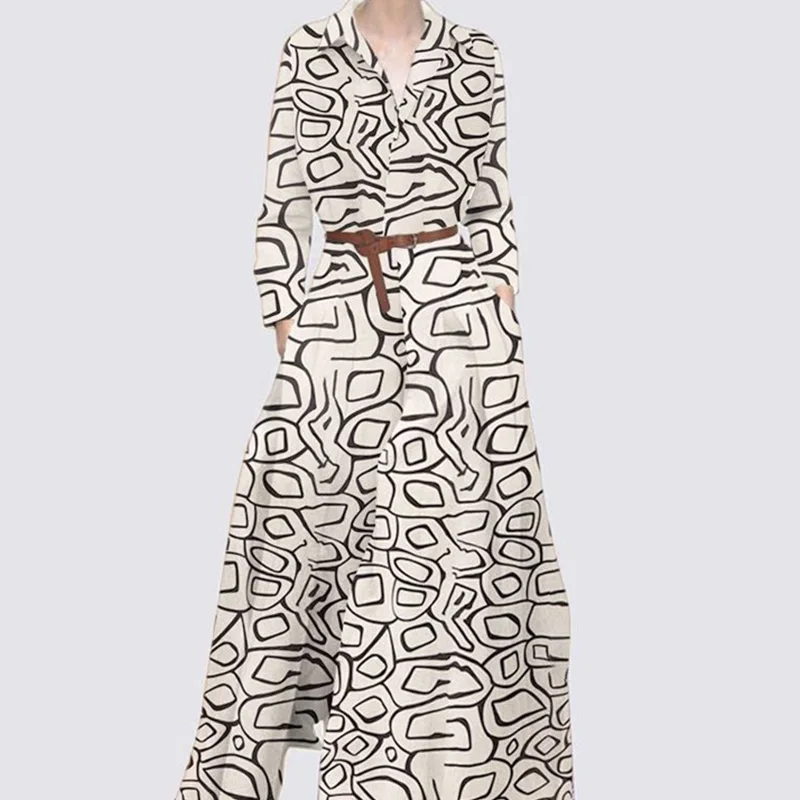 

Vintage Pattern Printed Loose Maxi Dress 2022 Fashion Turn Down Collar Buttoned Shirts Dress New Long Sleeve Party Long Dresses