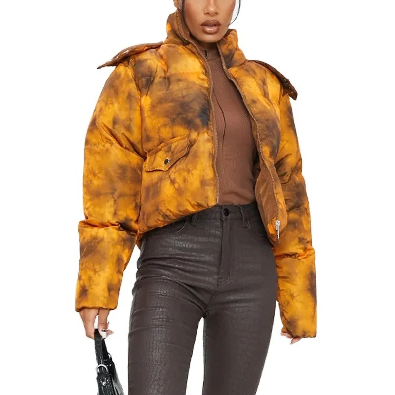 

2021 New Winter Parka Coat Bright Face Tie-dye Warm Long-sleeved Women's Jacket with Zipper Casual Solid Color Slim-fit Jacket