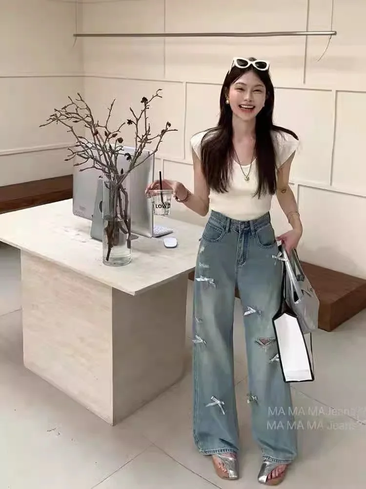 Американские винтажные прямые джинсы с высокой талией и бантом для женщин