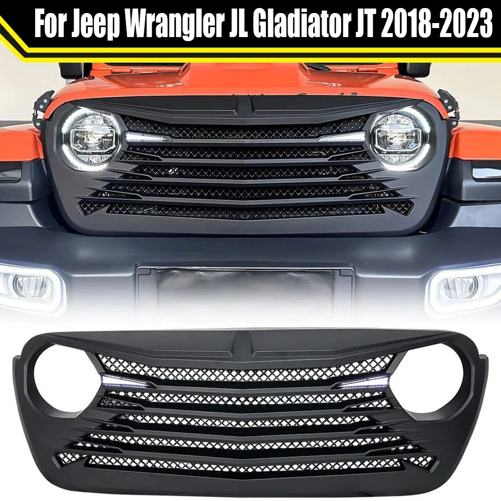 

Tomahawk Grille With DRL Turn Signal Light For Jeep Wrangler JL Gladiator JT 2018-2023 Upper Inlet Guard Grid Front Bumper Grill