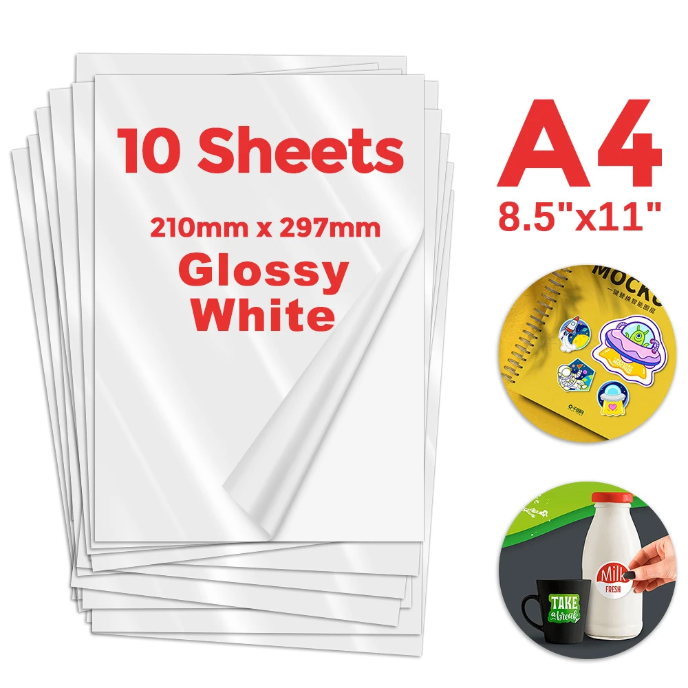 

10 Sheets A4 Glossy White Holographic Printable Vinyl Sticker Paper for Inkjet Printer Self Adhesive Stickers Label Waterproof