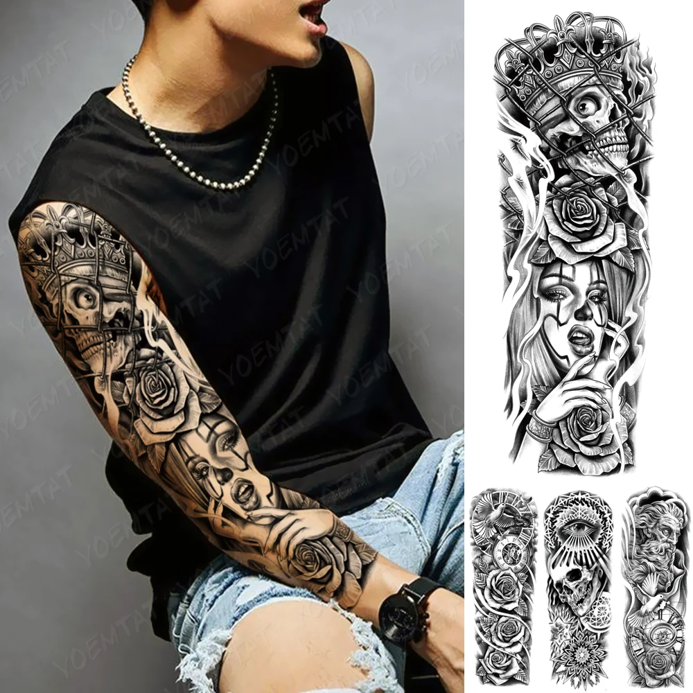 

Large Arm Sleeve Tattoo Gothic Skull King Girl Waterproof Temporary Tatoo Sticker Crown Rose Body Art Full Fake Tatto Men Women