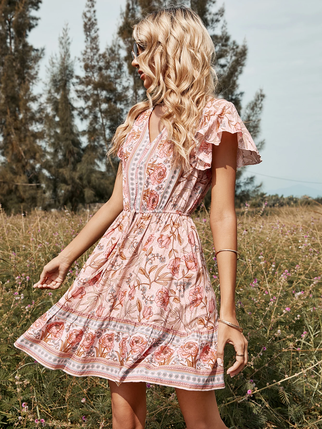 

Women Short Sleeve Dress Floral Printed Waist Tie Up V Neck Loose Fit Ruffle Street Style Dress Casual Simple Clothes