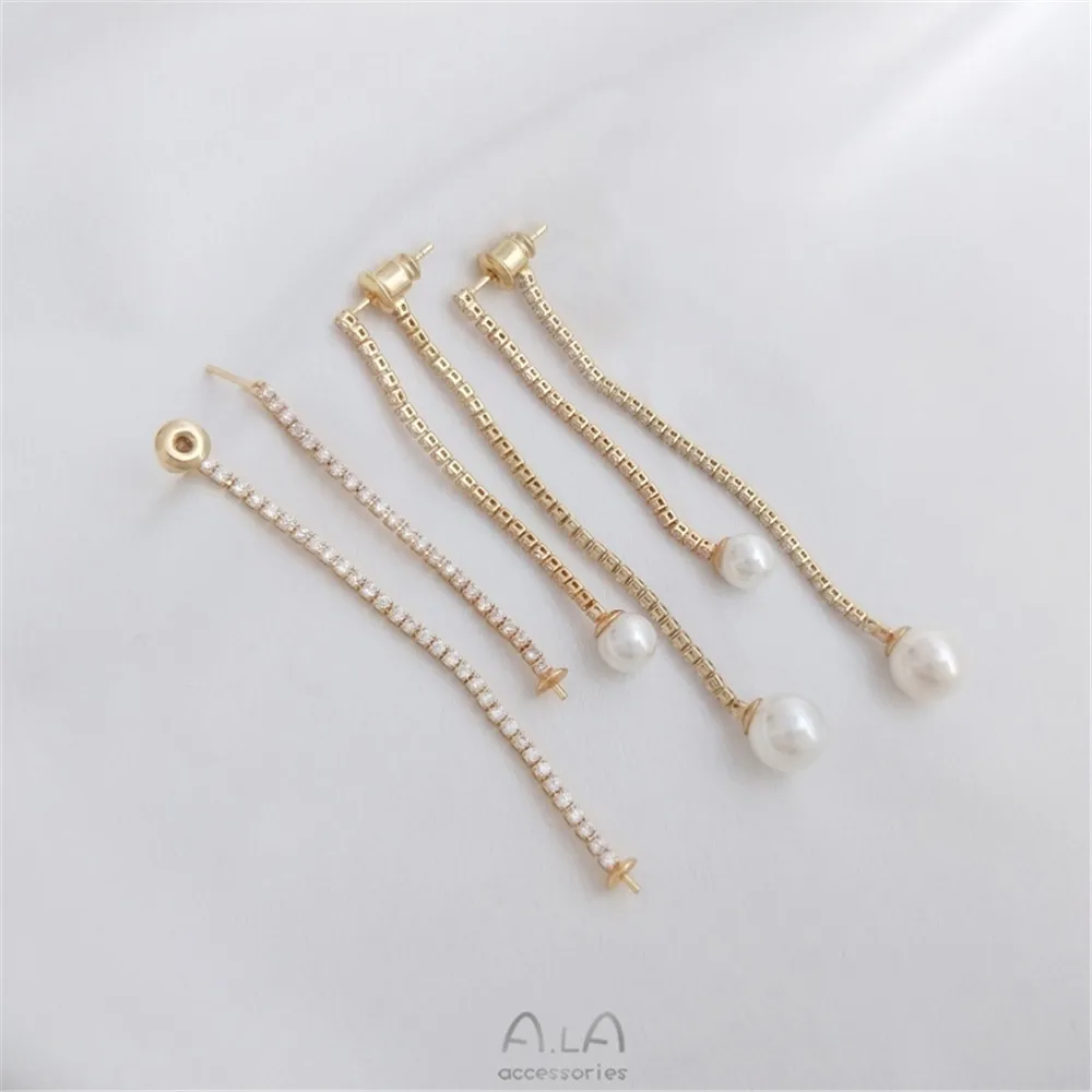 

14K gold clad double strand zircon claw chain half hole Crystal Pearl Earrings 925 silver needle ear line DIY Tassel Earrings