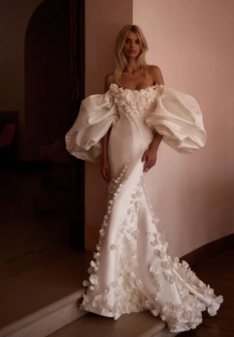 Свадебное платье русалки из атласа с цветочным принтом Mangas Desmontables Novia Vestidos De Alta