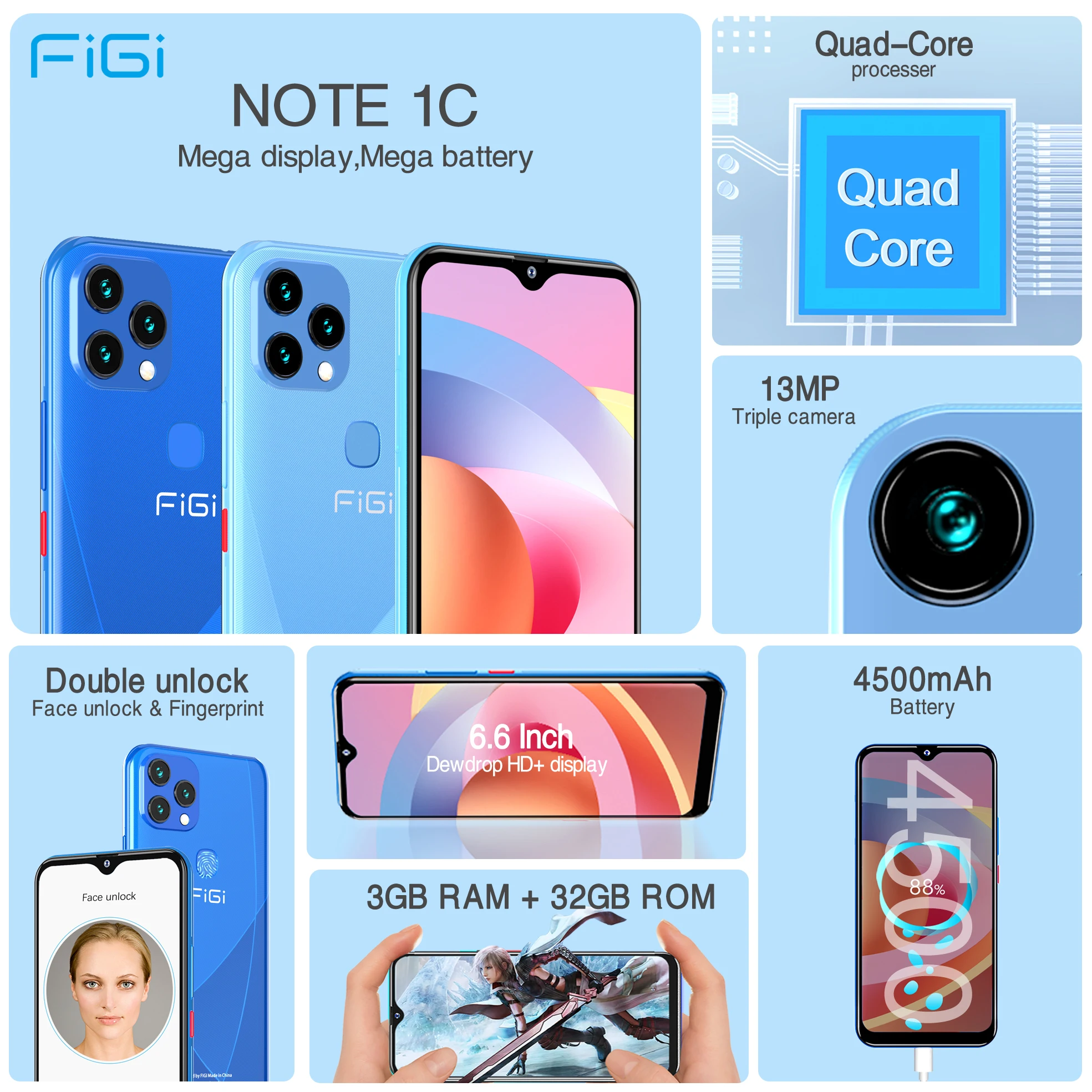 FIGI NOTE 1C Android 11 Mobile Phone 6.6 Inch 4G Smartphone 3GB RAM 32GB ROM Quad Core Cellphones 13MP Triple Camera 4500mAh OTG