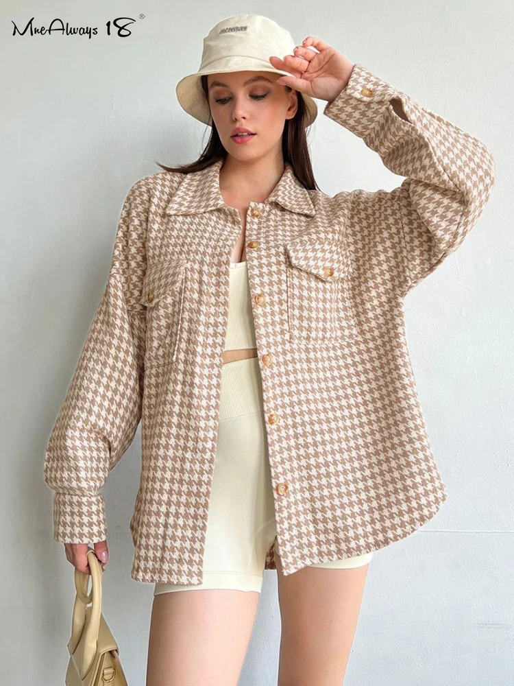 

Mnealways18 Shacket Women Luxury Shirts Office Ladies Long Sleeves Loose Gingham Blouses And Tops Irregular Winter Warm Jackets