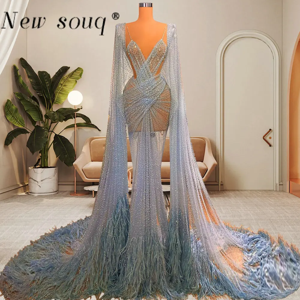 

Arabic Blue Luxury Feathers Muslim Evening Dresses with Long Cape Sexy Deep V Neck See Through Mermaid Party Gowns Robes Female