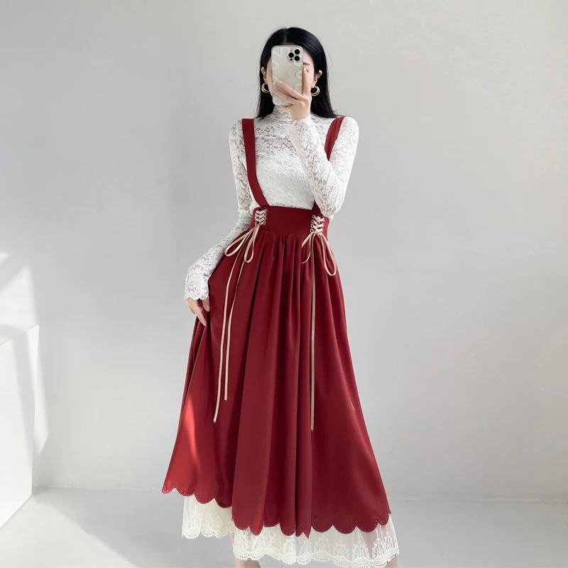 

Spring Autumn Saia 2022 Women Lolita Strap Skirt Lace Trim Japanese Harajuku Sleeveless Lace Up High Waist Long Vintage Skirts