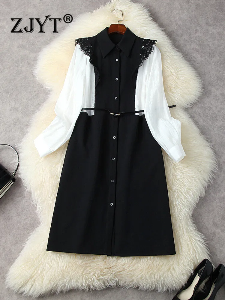 

ZJYT Designer Spring 2022 Womens Fashion Hollow Lace Patchwork Shirt Dress with Belt Long Sleeve Single Breasted Office Vestidos