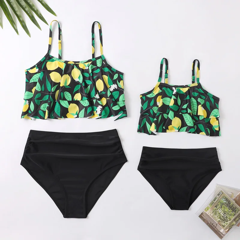 

Lemon Swimsuits Mother Daughter Matching Swimwear Family Set Mommy and Me Clothes Ruffled Woman & Girls Bikini Dresses Outfits