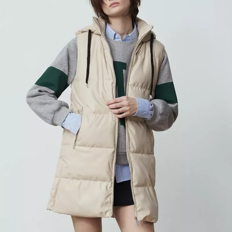 

Длинный женский жилет из ПУ кожи, с капюшоном и карманами