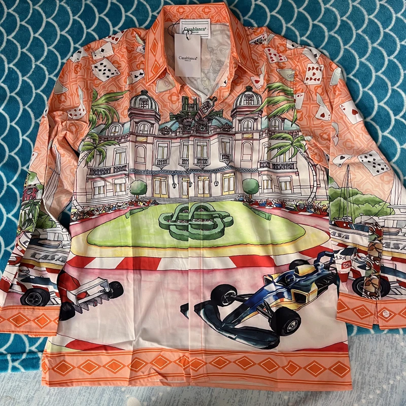 

Real Photos Casablanca Shirts Racing King Print Long Sleeves Orange Outfit Loose 3XL Holiday Men Women Casa Hawaiian Shirt