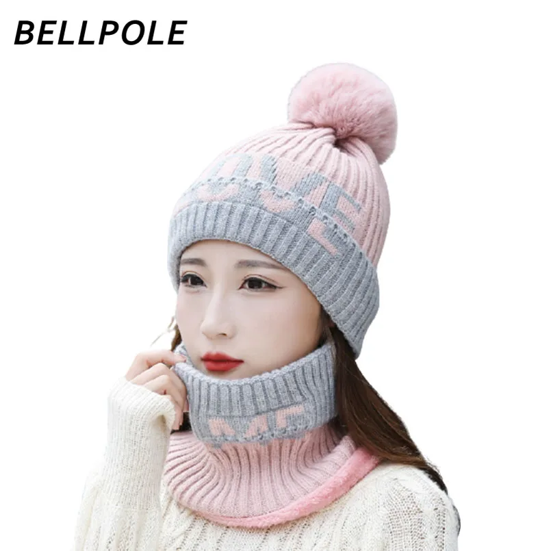 

2022 New BELLPOLE Winter Ski Cap & Scarf Set Women Men Russia Thick Warm Knitted Hat Letter Cap Neck Warmer Outdoor Riding Sets