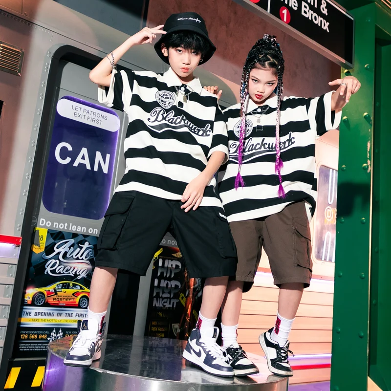

Детская одежда для шоу, одежда в стиле хип-хоп, полосатая футболка-поло, повседневные уличные шорты-карго для девочек и мальчиков, костюм для джазовых танцев, одежда