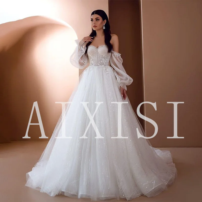 

AIXISI Elegant A-Line Wedding Dress For Women Appliques Vestidos De Novia Robe de mariee Backless Long Sleeve Court Train