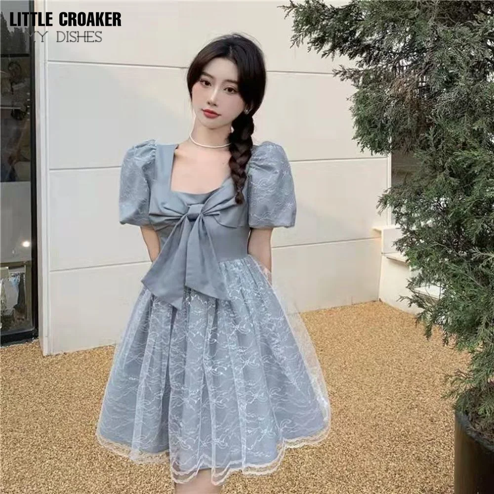 

V-neck Ruffle Lace Mesh Short Dress Women Summer Casual Retro Dresses Bowknot Lace Short Sleeve Office Lady Dress New