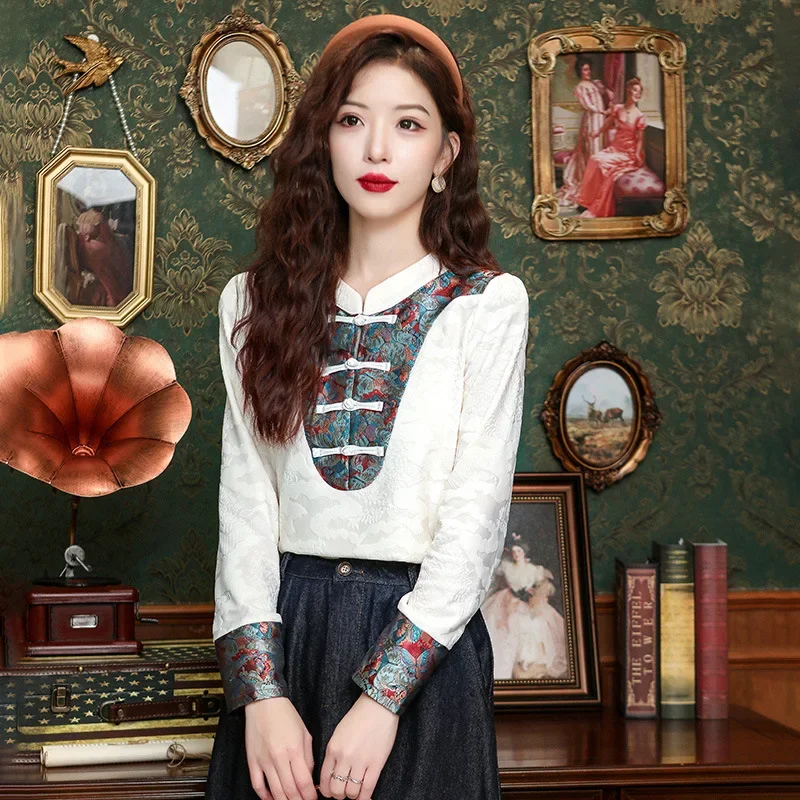 Vintage Stand Collar Women's Shirt New Chinese Style Lacquer Embroidery Jacquard Quilted Vest 2024 Spring Fashion