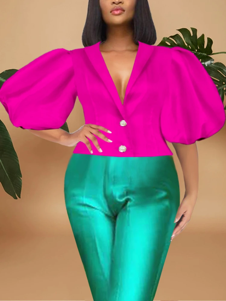 

V Neck Women Blouse Short Lantern Sleeves Buttom Up Elegant Office Ladies Shirt Tops Big Size Female African Summer Bluas Shirts