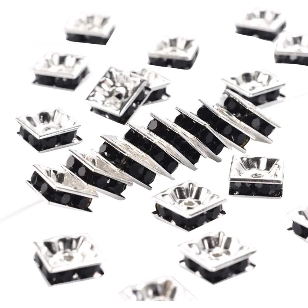 

100pcs 8mm Square Black Rhinestone Spacer Beads Sliver Plated Brass Rondelle Spacer Beads for Jewelry MakingNickel Free