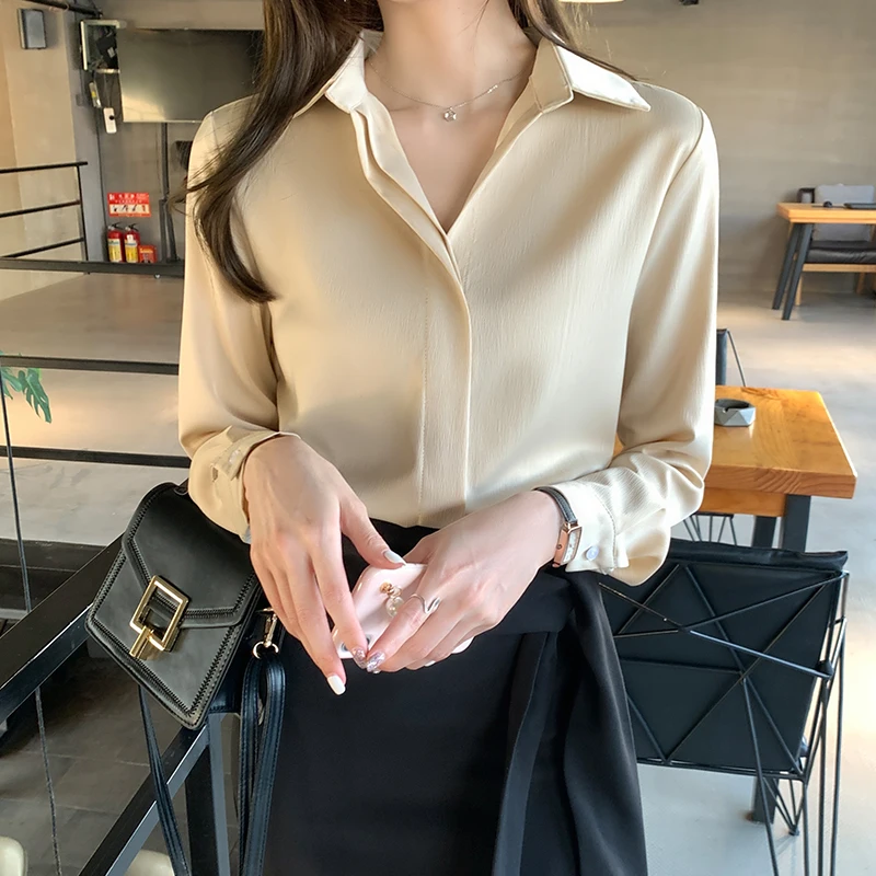 

Chiffon Tops Shirts Ladies Button Shirts Sleeves Female Women Shirt Anti Wrinkled Elegant Intellectual Long-sleeved Womens Tops