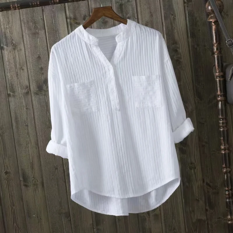 

100% Cotton White Blouse Shirt 2020 Spring Autumn Simple Blouses Shirts Women Long Sleeve V-neck Casual Tops Solid Pocket Y269